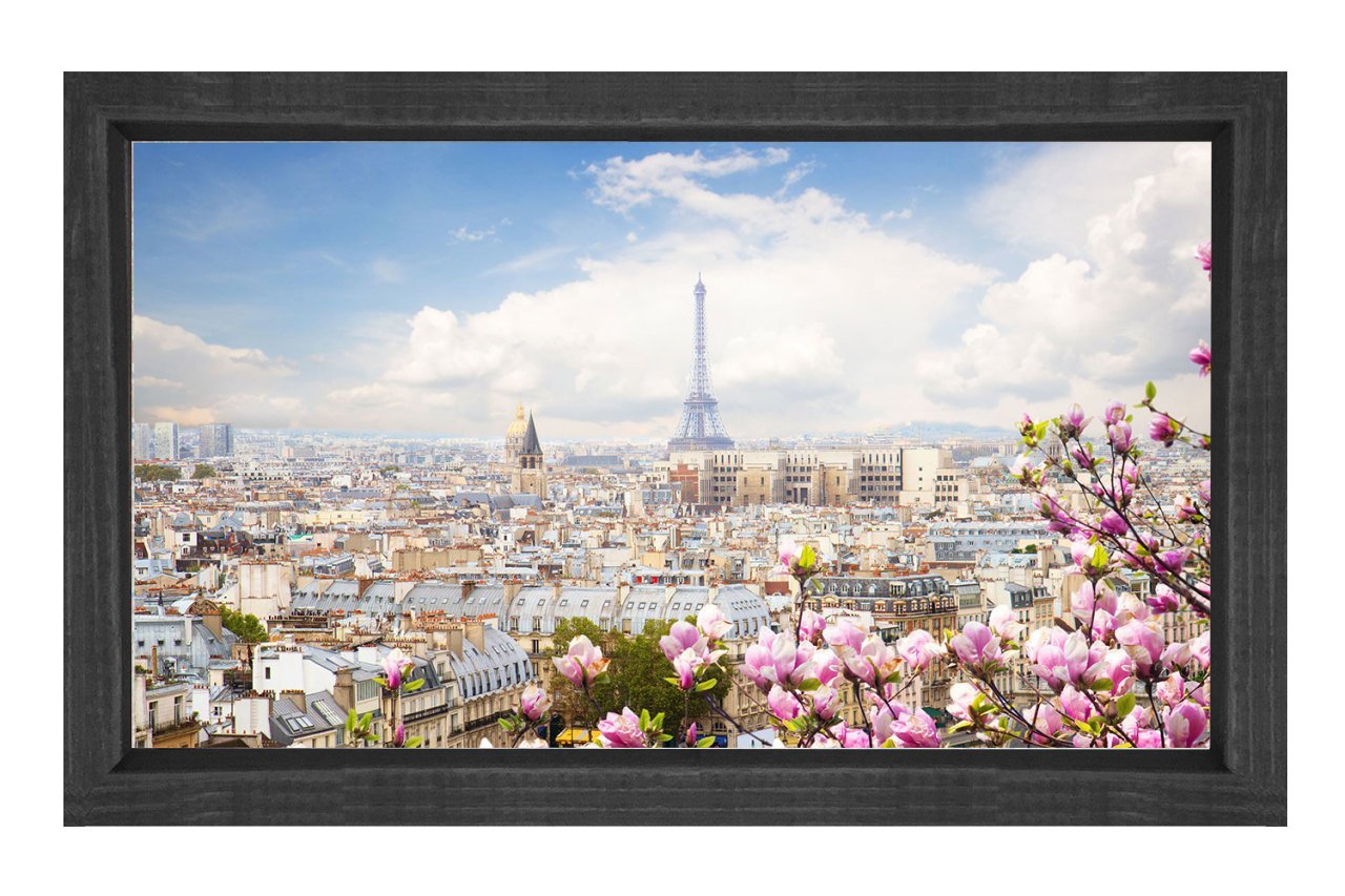 Eiffel Kulesi ve Çiçekler Tablosu Siyah Ahşap Çerçeve - 100x200