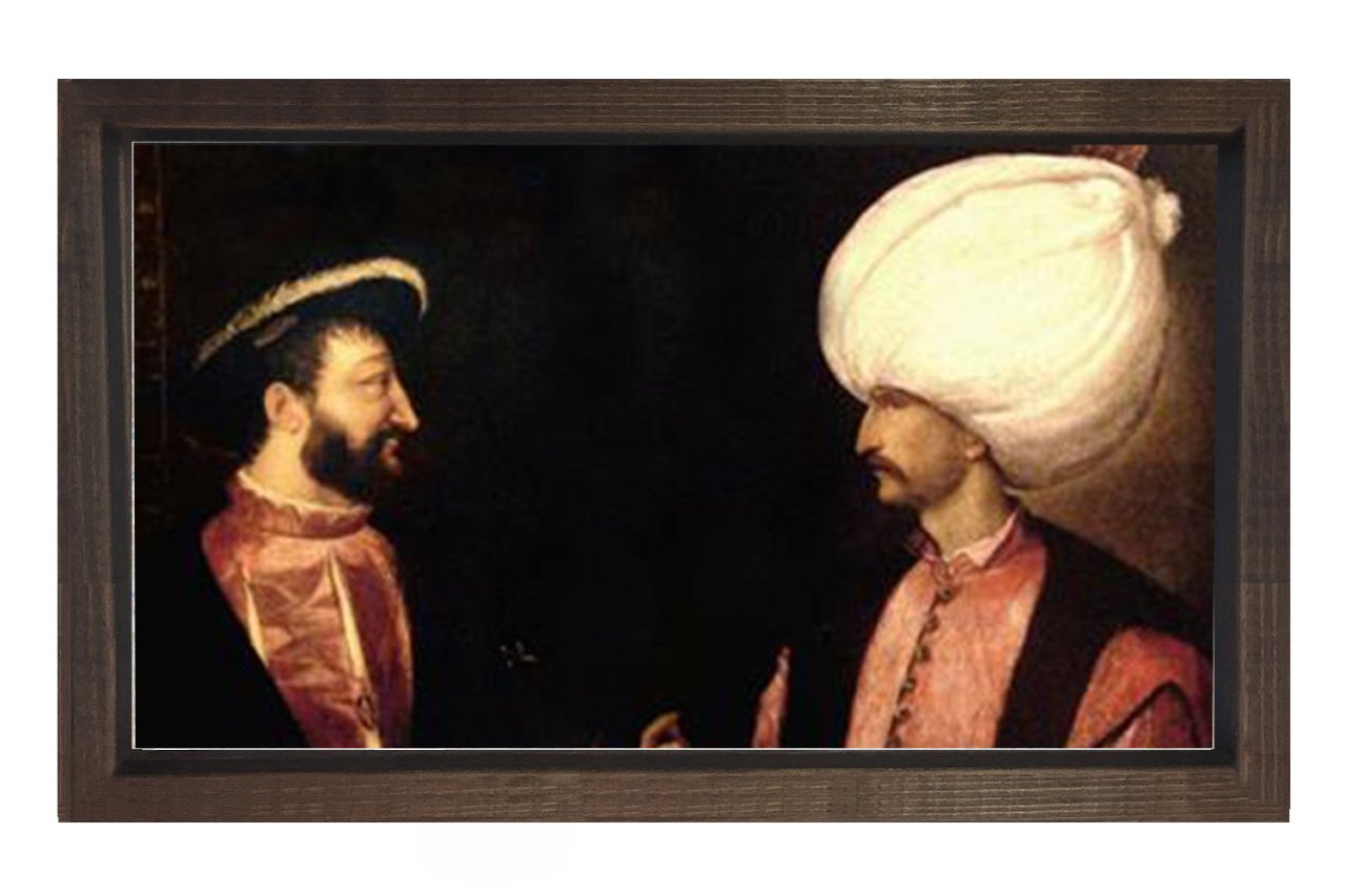 Sultan Süleyman ve Şarlken Tablosu Kahverengi Ahşap Çerçeve - 45x30