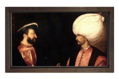 Sultan Süleyman ve Şarlken Tablosu Kahverengi Ahşap Çerçeve - 45x30