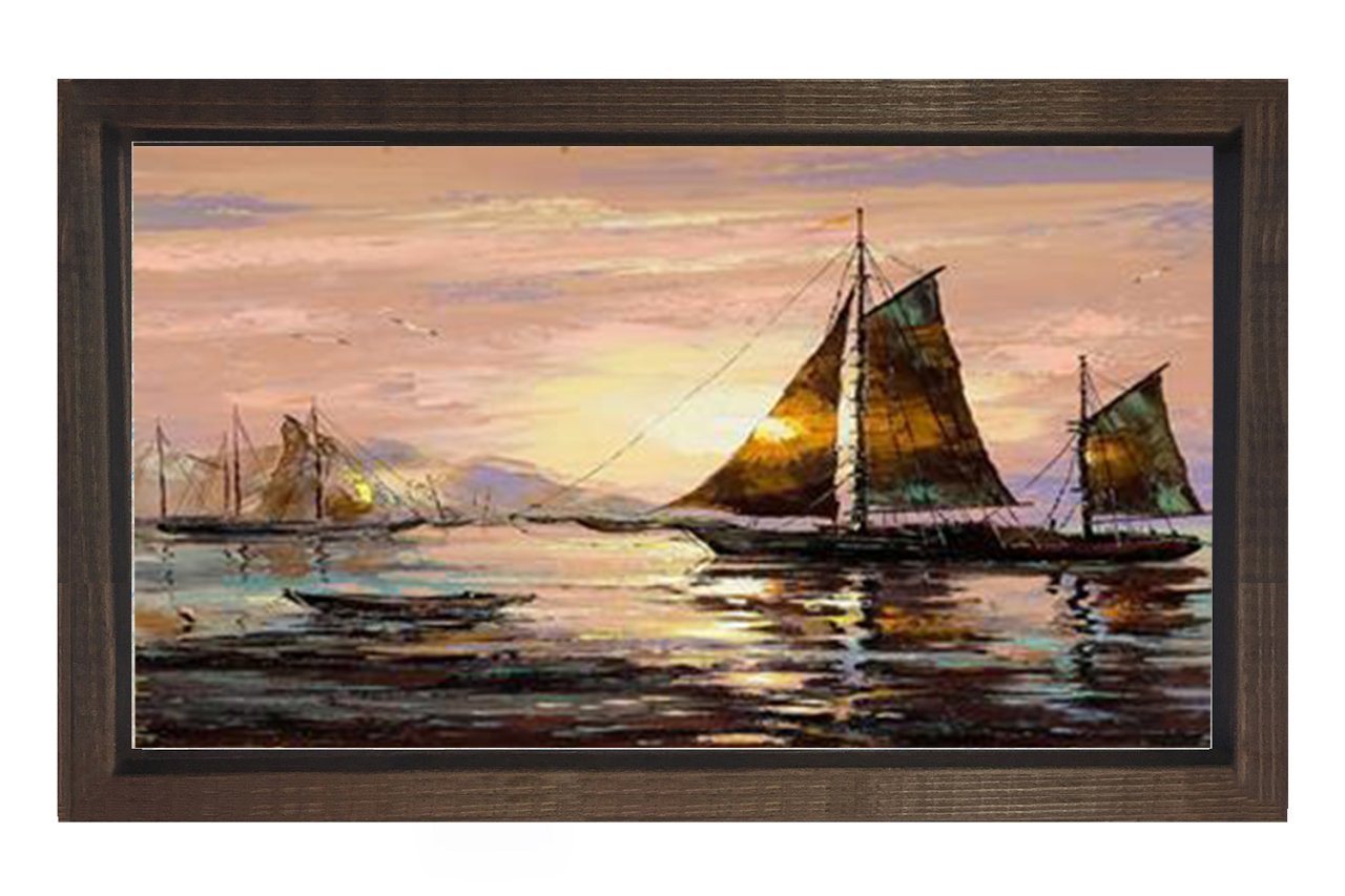 Gün Doğumu Gemi Tablosu Kahverengi Ahşap Çerçeve - 50x70