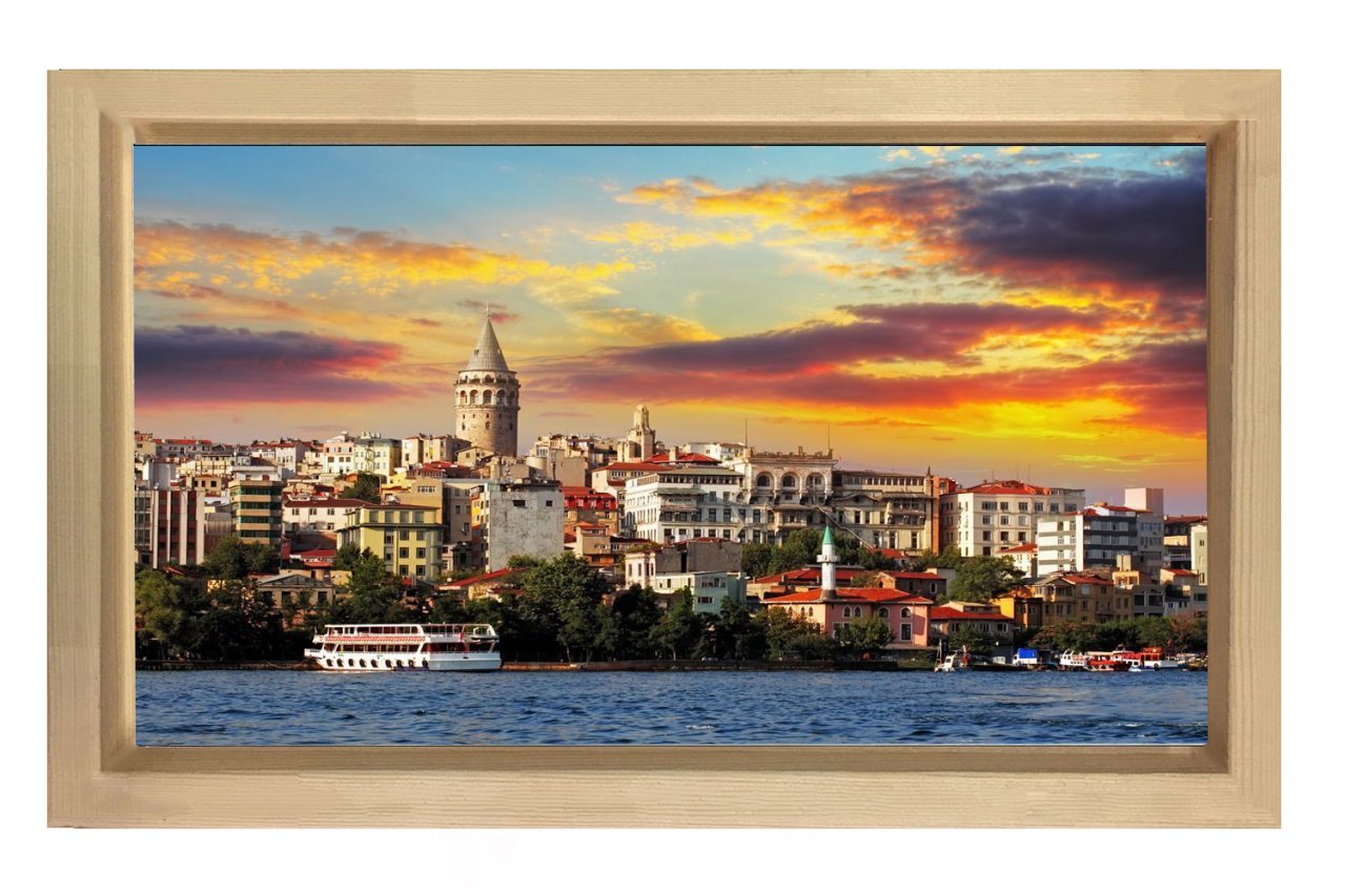 Galata Kulesi ve Deniz Tablosu Naturel Ahşap Çerçeve - 50x70