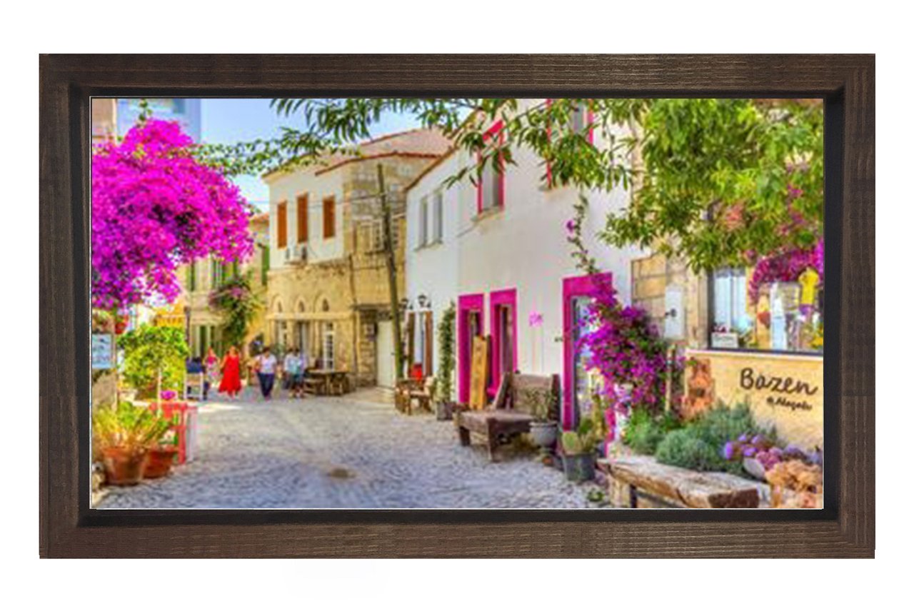 Çiçekli Alaçatı Evleri Tablosu Kahverengi Ahşap - 40x60