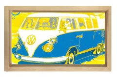Sevimli Sarı Mavi Vosvos Minibüs Tablosu Naturel Ahşap - 45x30