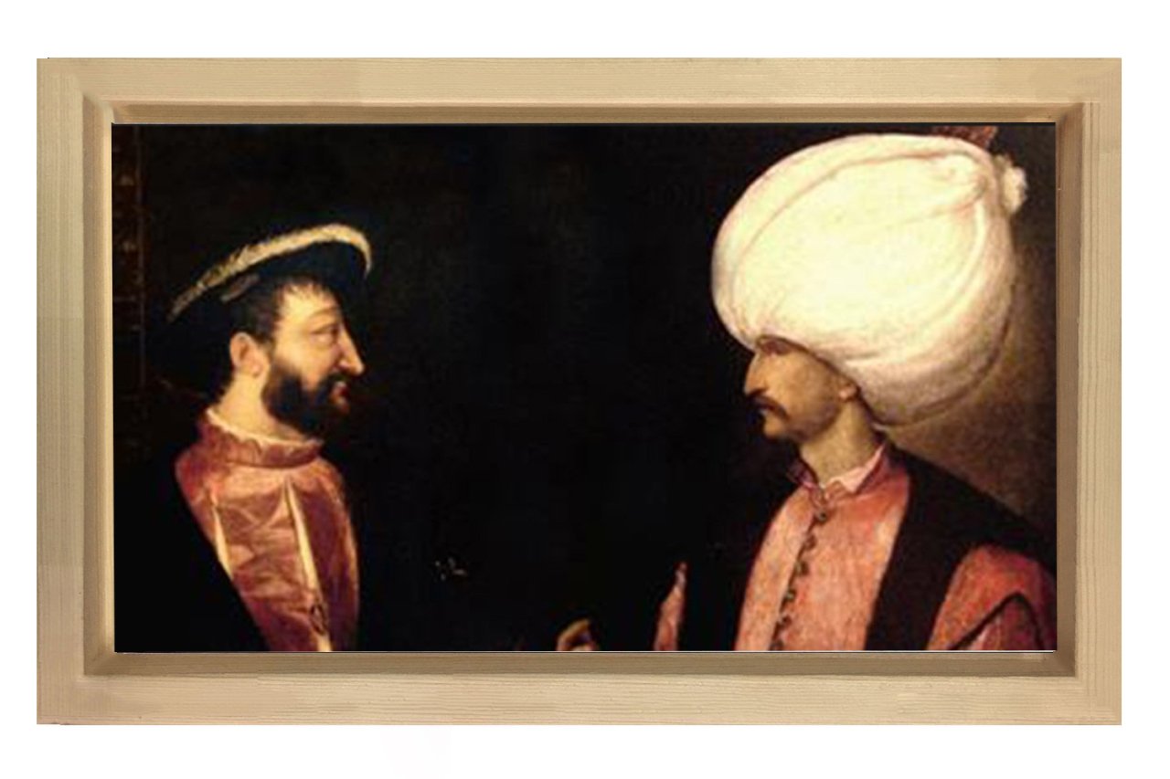 Sultan Süleyman ve Şarlken Tablosu Naturel Ahşap Çerçeve - 50x90