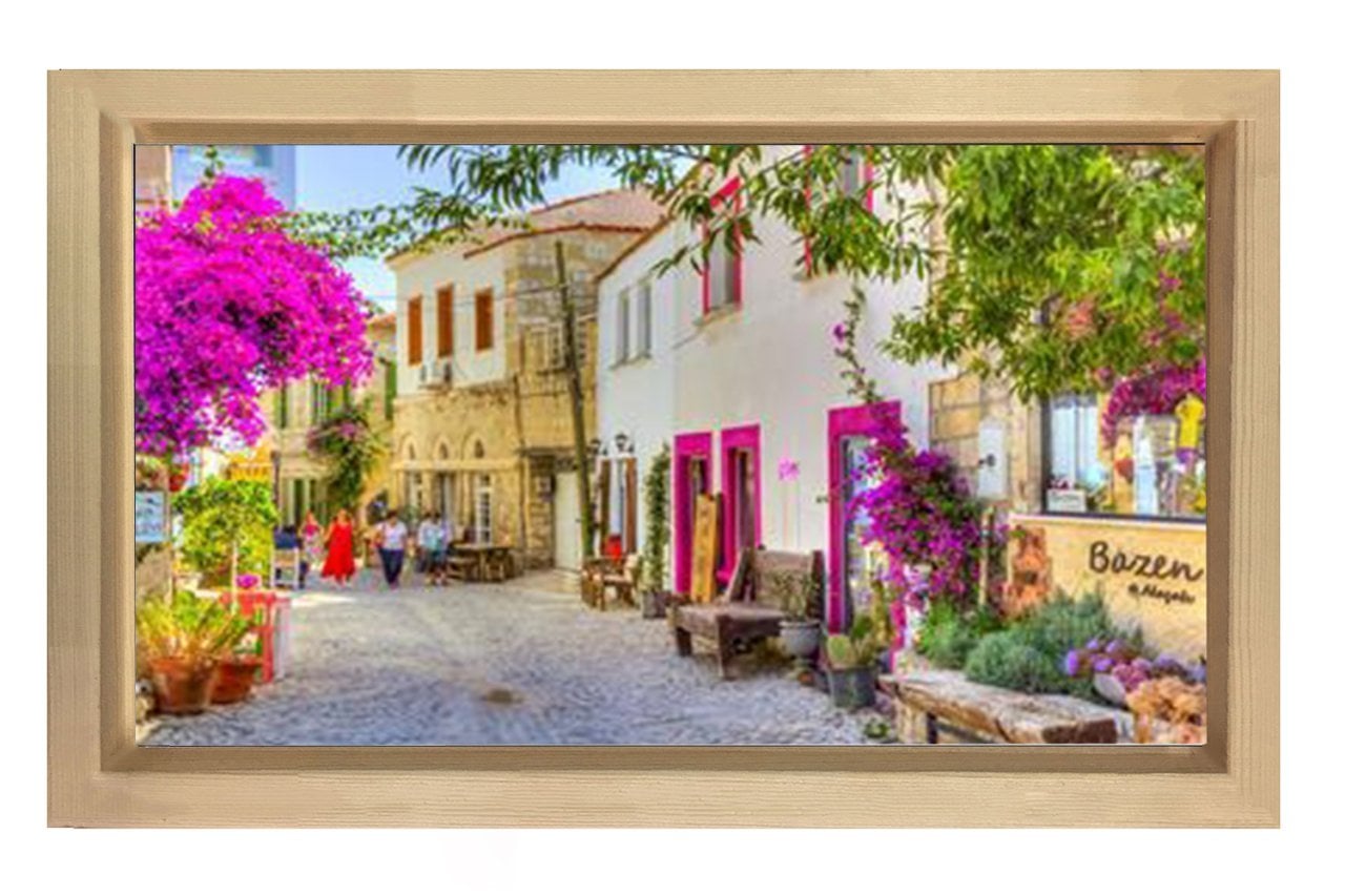 Çiçekli Alaçatı Evleri Tablosu Naturel Ahşap - 100x150