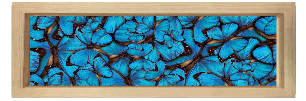 Mavi Kelebekler Tablosu Naturel Ahşap Çerçeve - 150x50
