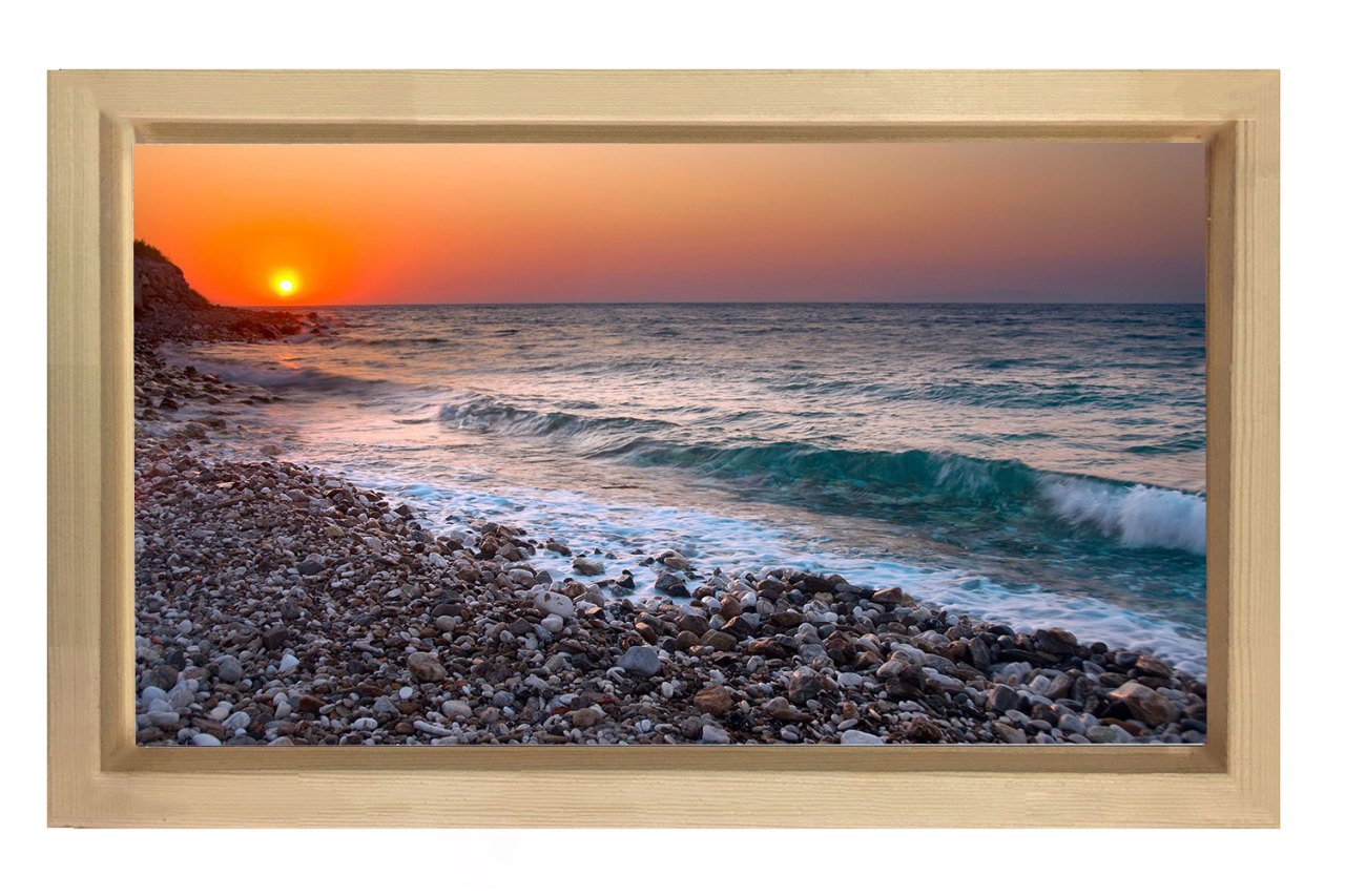 Taşlı Sahil ve Gün Batımı Tablosu Naturel Ahşap Çerçeve - 45x30
