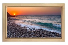 Taşlı Sahil ve Gün Batımı Tablosu Naturel Ahşap Çerçeve - 45x30