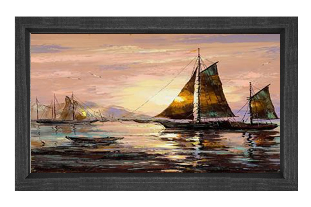 Gün Doğumu Gemi Tablosu Siyah Ahşap Çerçeve - 100x200