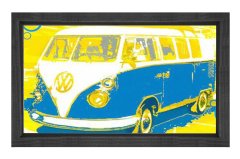 Sevimli Sarı Mavi Vosvos Minibüs Tablosu Siyah Ahşap - 50x70