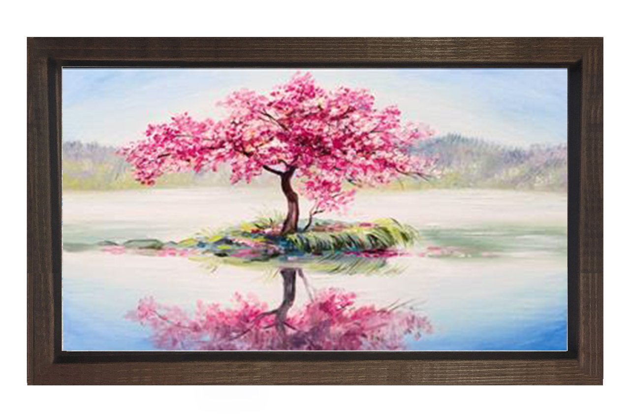 Pembe Çiçekli Ağaç Göl Manzara Tablosu Kahverengi Ahşap Çerçeve - 100x150
