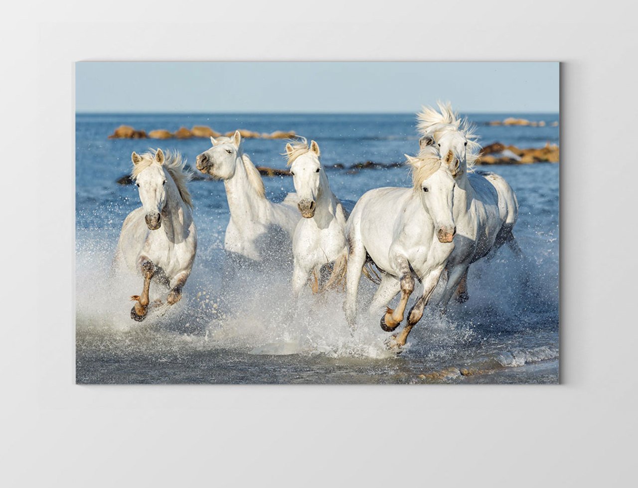 Suda Koşan Beyaz Atlar Tablosu Çerçevesiz - 40x60