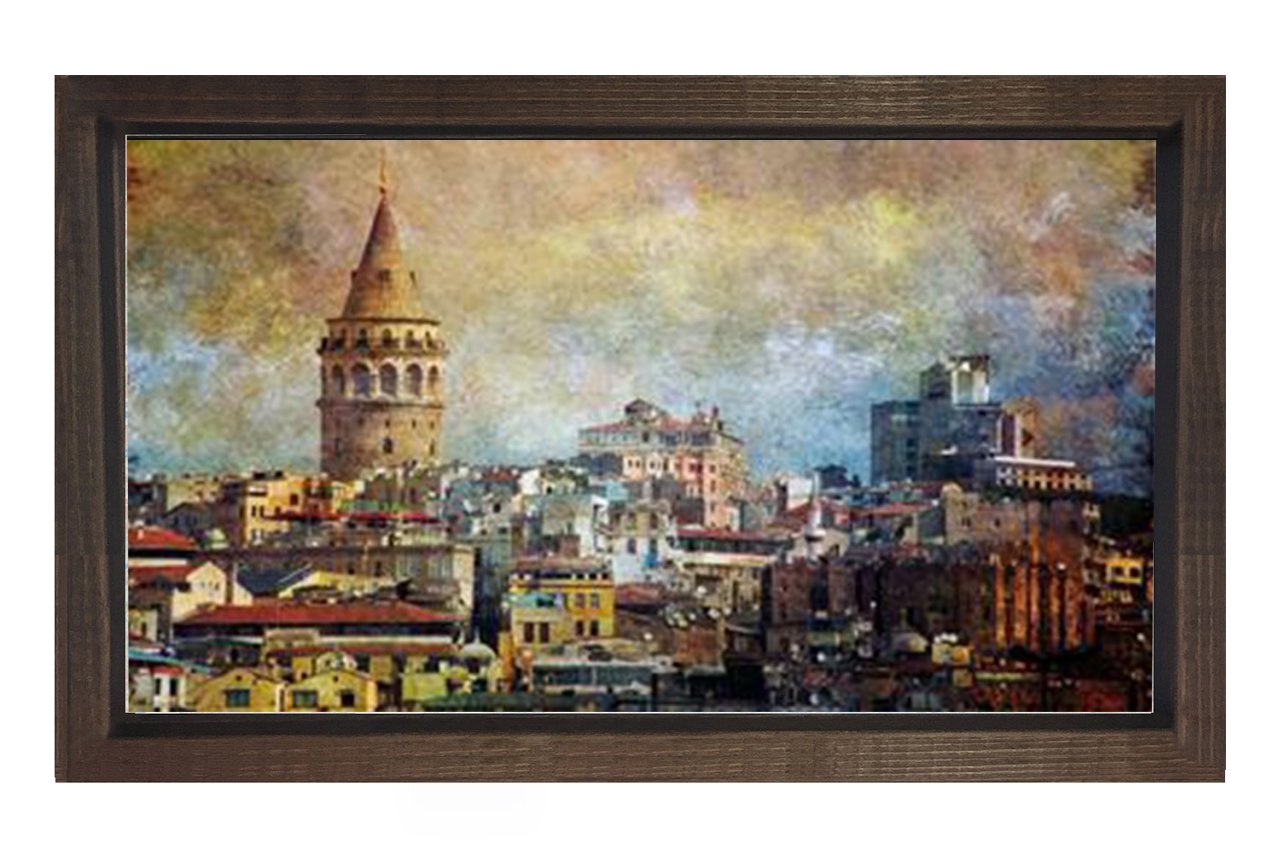 Galata Kulesi Yağlıboya Tablosu Kahverengi Ahşap Çerçeve - 50x70