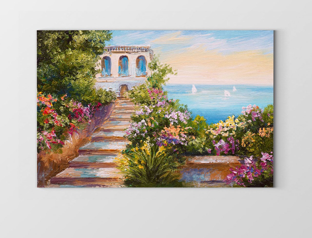 Yağlıboya Taş Ev ve Deniz  Tablosu Çerçevesiz - 100x150