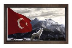 Bozkurt Ve Türk Bayrağı Tablosu Kahverengi Ahşap Çerçeve - 70x100