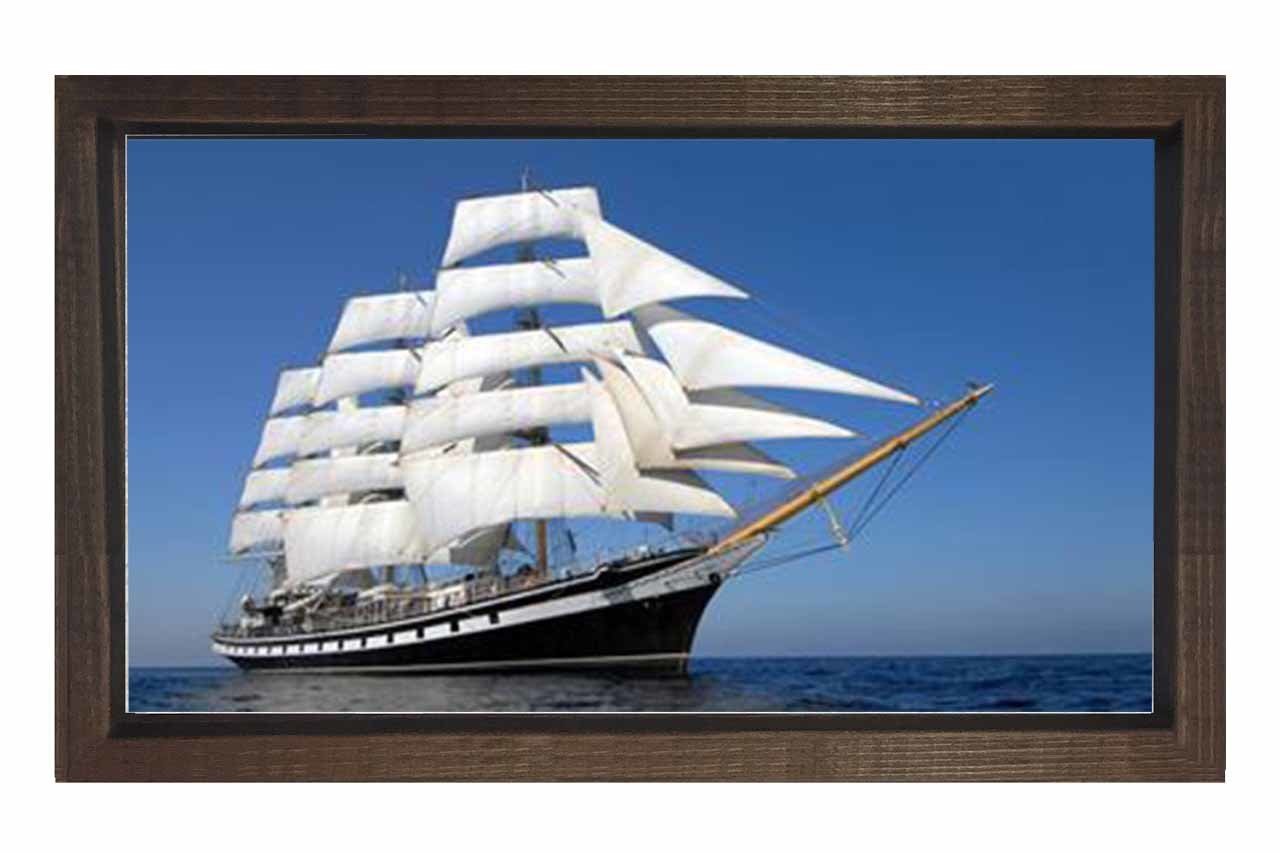 Beyaz Yelkenli Gemi Tablosu Kahverengi Ahşap Çerçeve - 50x70