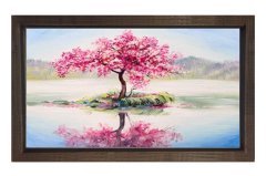 Pembe Çiçekli Ağaç Göl Manzara Tablosu Kahverengi Ahşap Çerçeve - 50x90