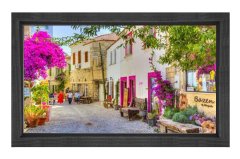 Çiçekli Alaçatı Evleri Tablosu Siyah Ahşap - 50x70