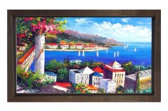 Deniz Manzarası Ve Şehir Tablosu Kahverengi Ahşap Çerçeve - 70x100