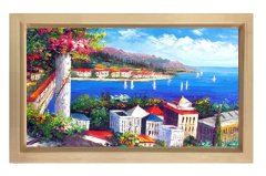 Deniz Manzarası Ve Şehir Tablosu Naturel Ahşap Çerçeve - 100x150