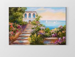 Yağlıboya Taş Ev ve Deniz  Tablosu Çerçevesiz - 50x90