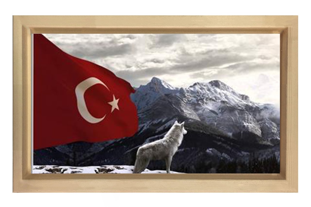 Bozkurt Ve Türk Bayrağı Tablosu Naturel Ahşap Çerçeve - 50x70