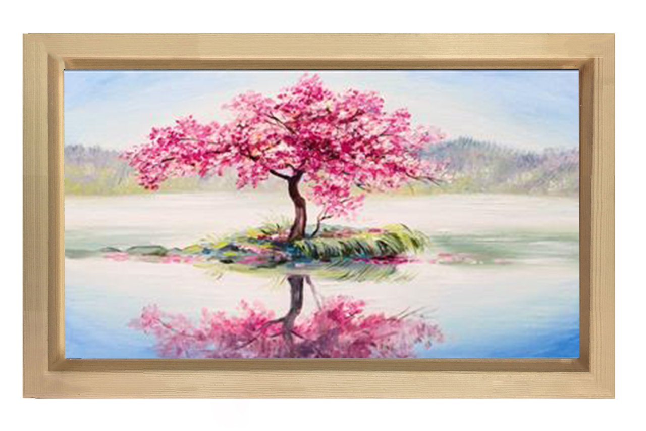 Pembe Çiçekli Ağaç Göl Manzara Tablosu Naturel Ahşap Çerçeve - 45x30