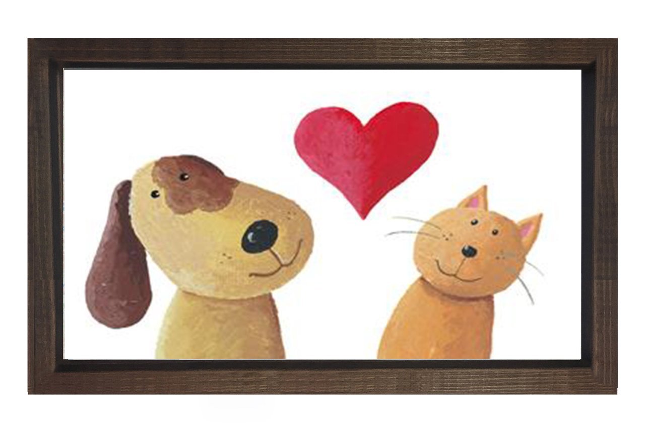 Kalpli Köpek ve Kedi Tablosu Kahverengi Ahşap Çerçeve - 50x70
