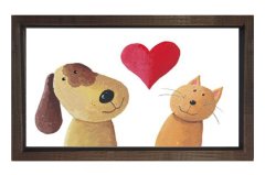Kalpli Köpek ve Kedi Tablosu Kahverengi Ahşap Çerçeve - 50x70