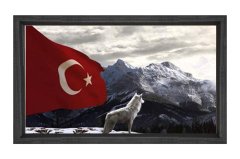 Bozkurt Ve Türk Bayrağı Tablosu Siyah Ahşap Çerçeve - 100x200