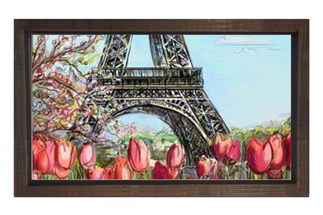 Eiffel Kulesi Gül Çiçekleri Tablosu Kahverengi Ahşap - 40x60