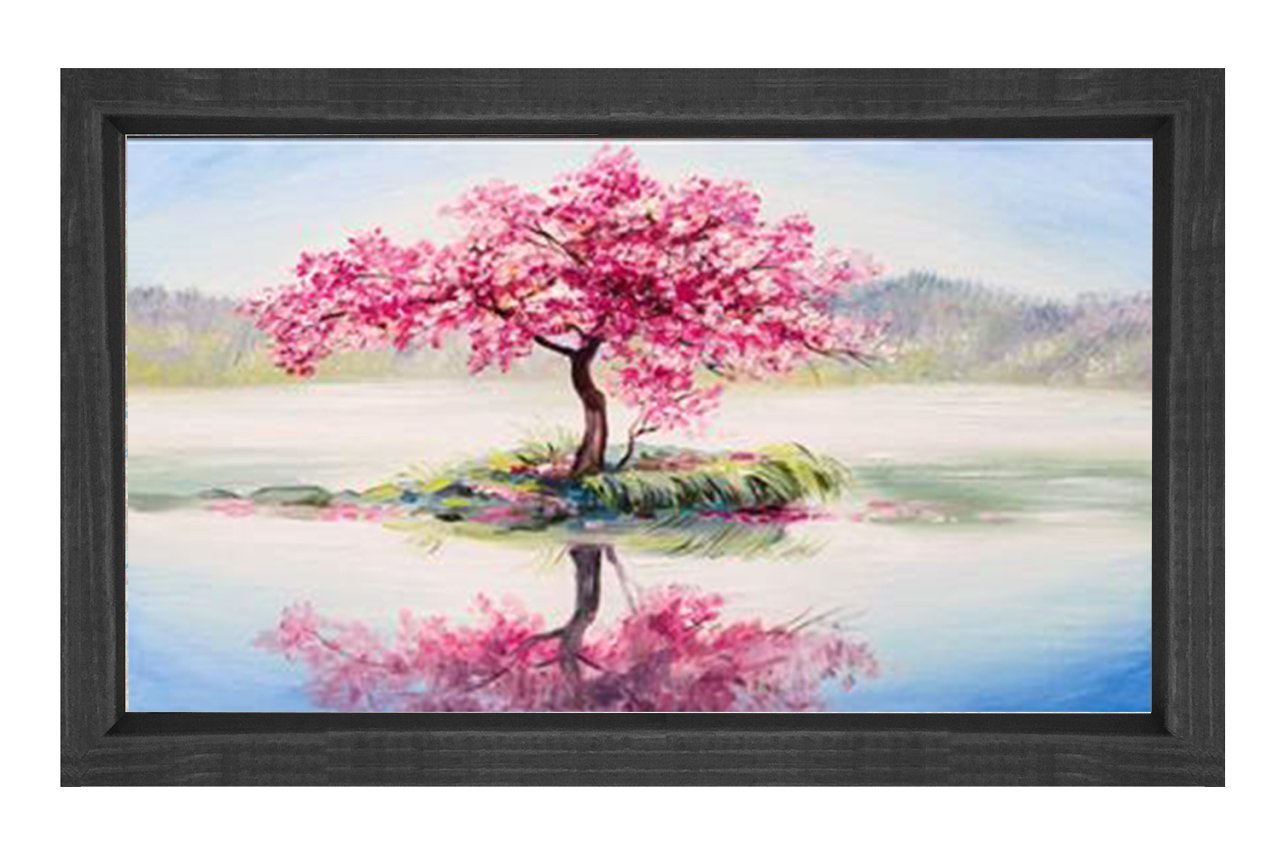 Pembe Çiçekli Ağaç Göl Manzara Tablosu Siyah Ahşap Çerçeve - 50x70