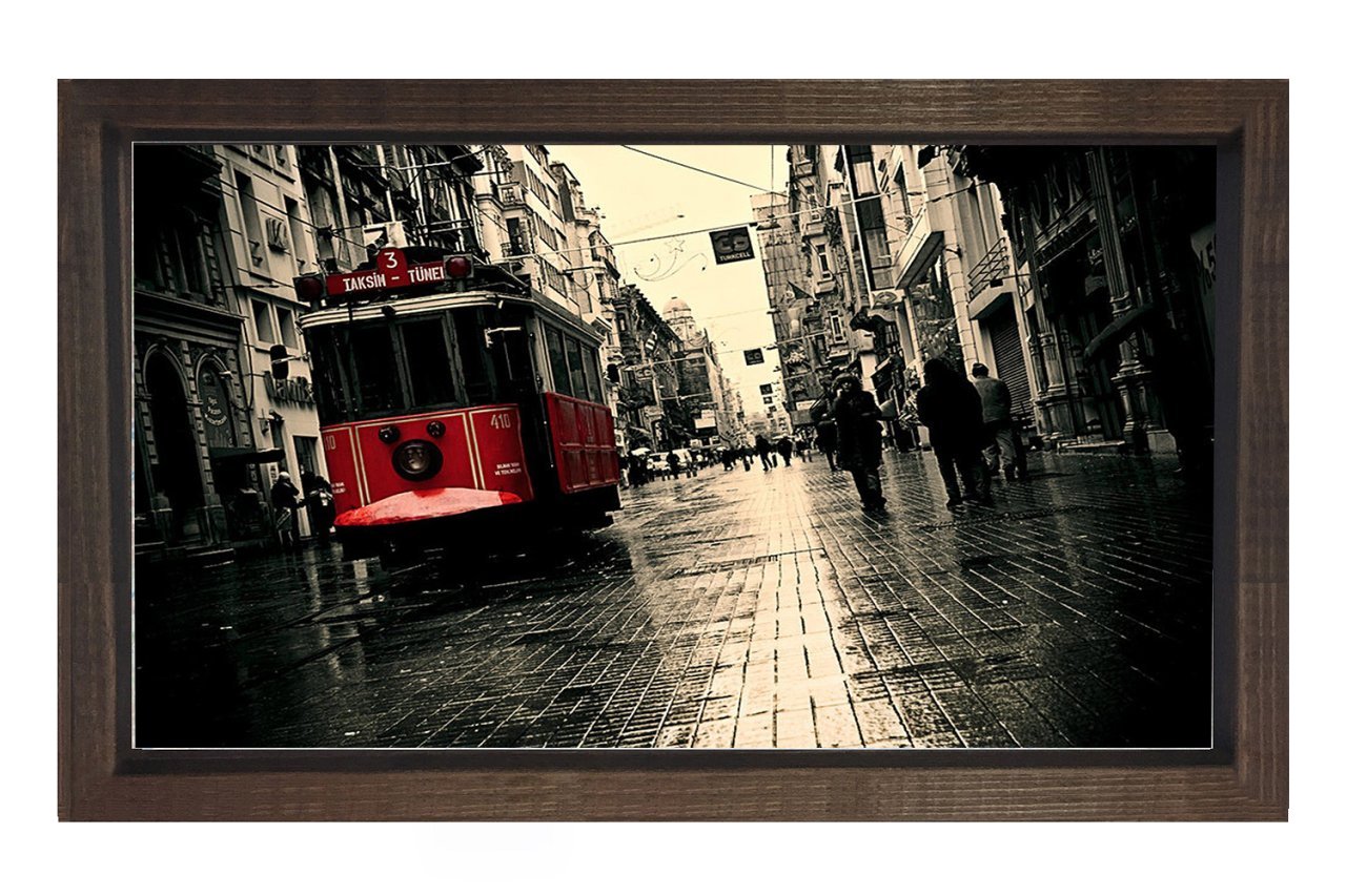 Kırmızı Tramvay ve Taksim 2 Tablosu Kahverengi Ahşap Çerçeve - 100x200