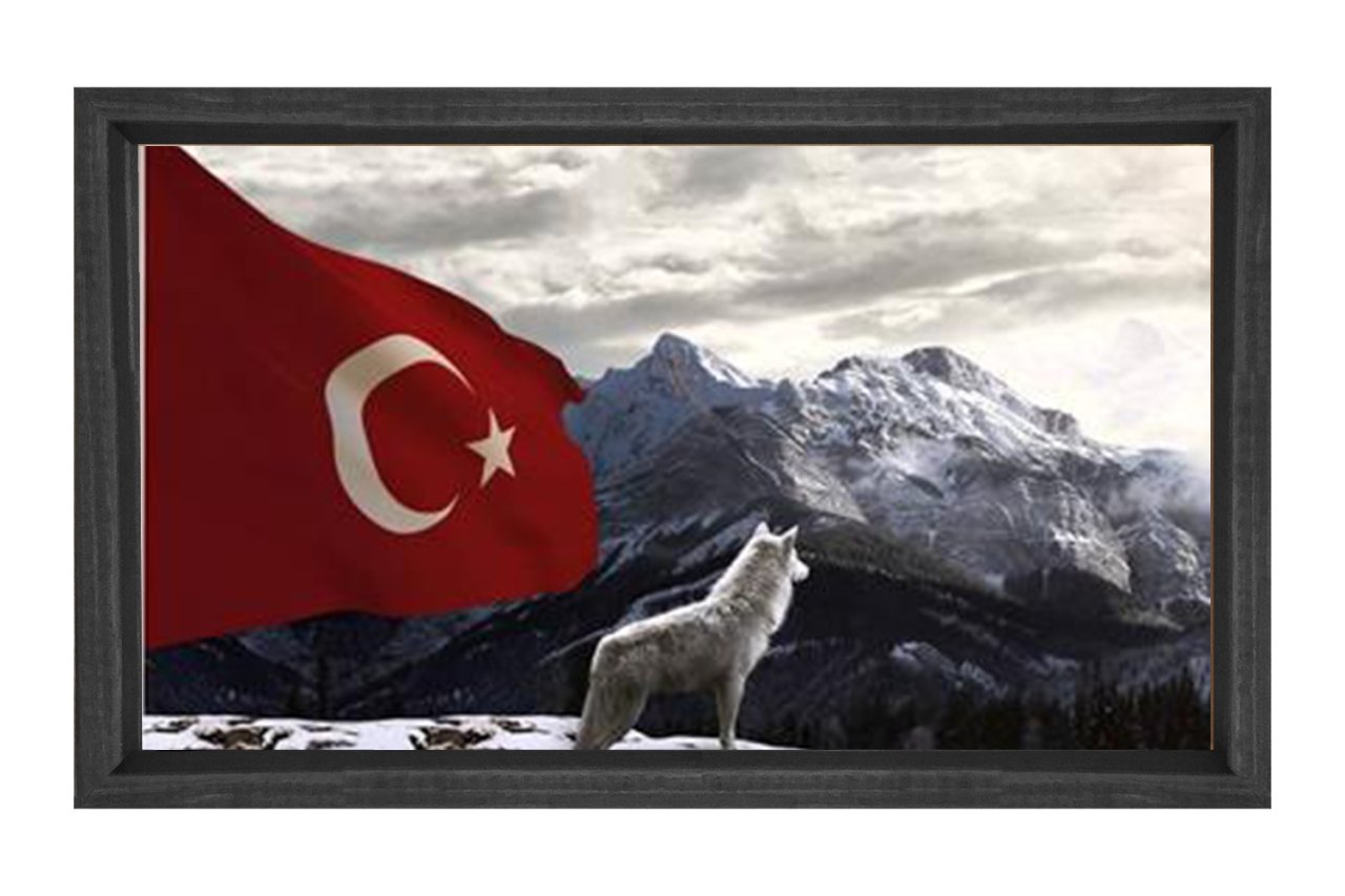 Bozkurt Ve Türk Bayrağı Tablosu Siyah Ahşap Çerçeve - 70x100