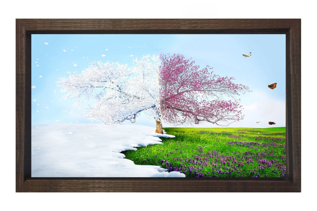 Kar Bahar Ağacı Tablosu Kahverengi Ahşap - 70x100