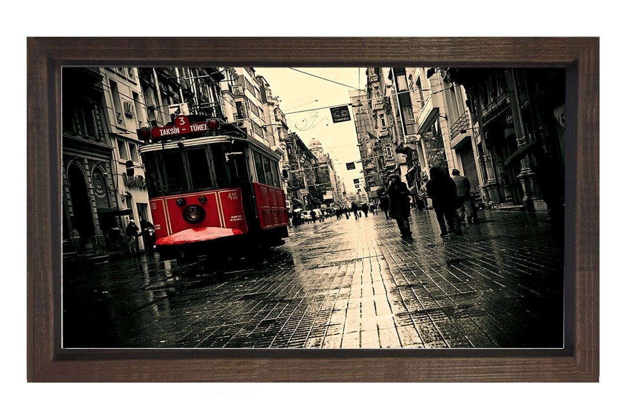 Kırmızı Tramvay ve Taksim 2 Tablosu Kahverengi Ahşap Çerçeve - 50x90