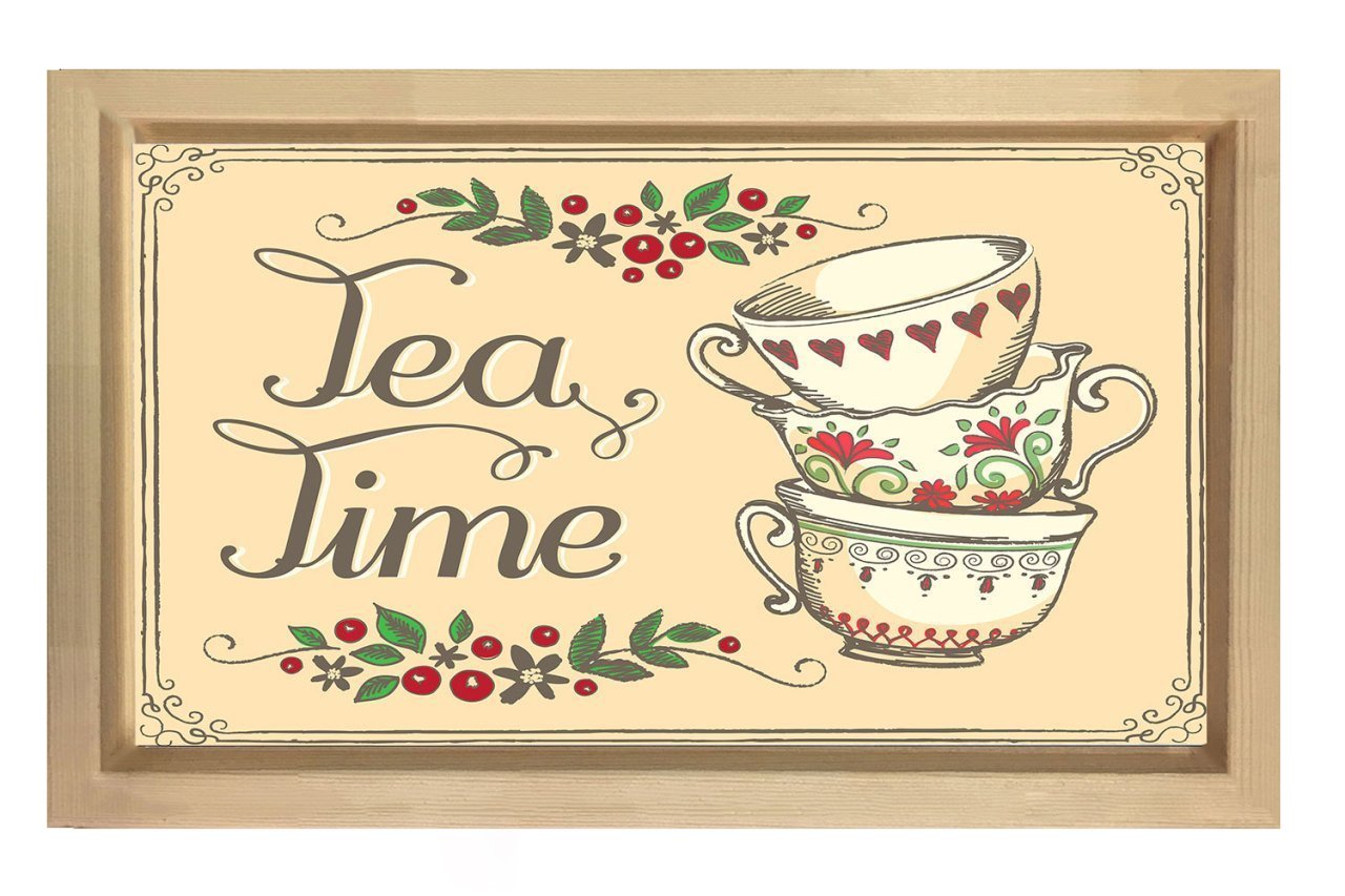 Çay Zamanı Dekoratif Vintage Tablosu Naturel Ahşap - 45x30