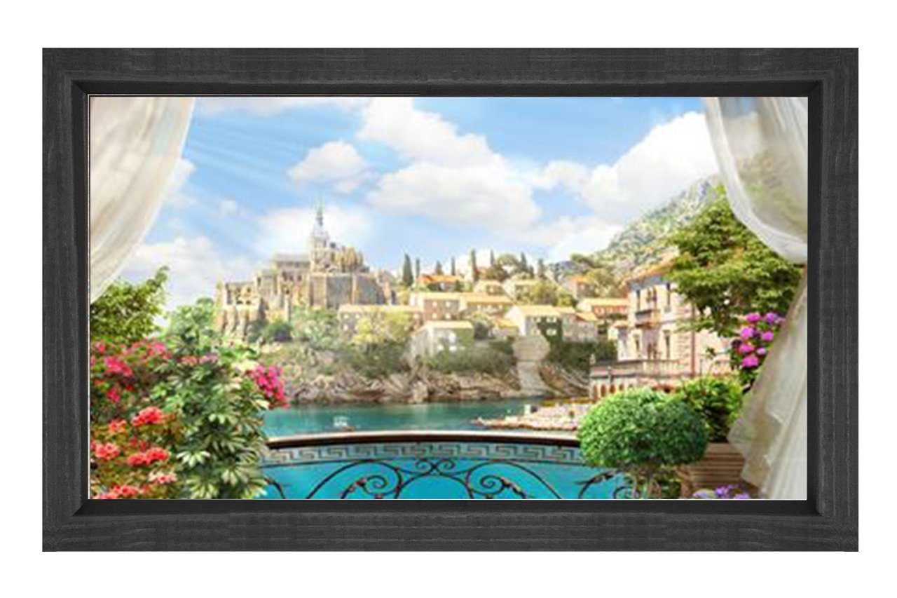 Çiçekli Balkon Manzarası Tablosu Siyah Ahşap - 50x70