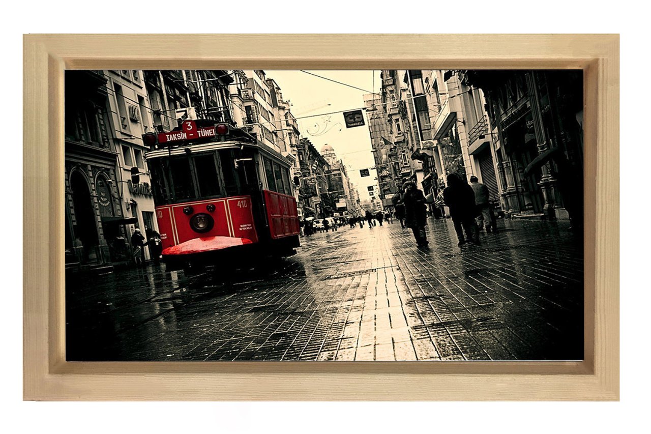 Kırmızı Tramvay ve Taksim 2 Tablosu Naturel Ahşap Çerçeve - 100x200