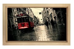 Kırmızı Tramvay ve Taksim 2 Tablosu Naturel Ahşap Çerçeve - 45x30