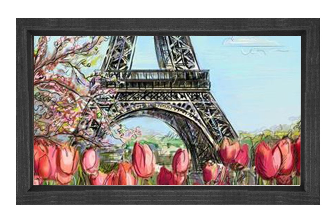 Eiffel Kulesi Gül Çiçekleri Tablosu Siyah Ahşap - 40x60
