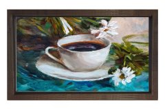 Kahve Fincanı Ve Çiçek Tablosu Kahverengi Ahşap - 50x70