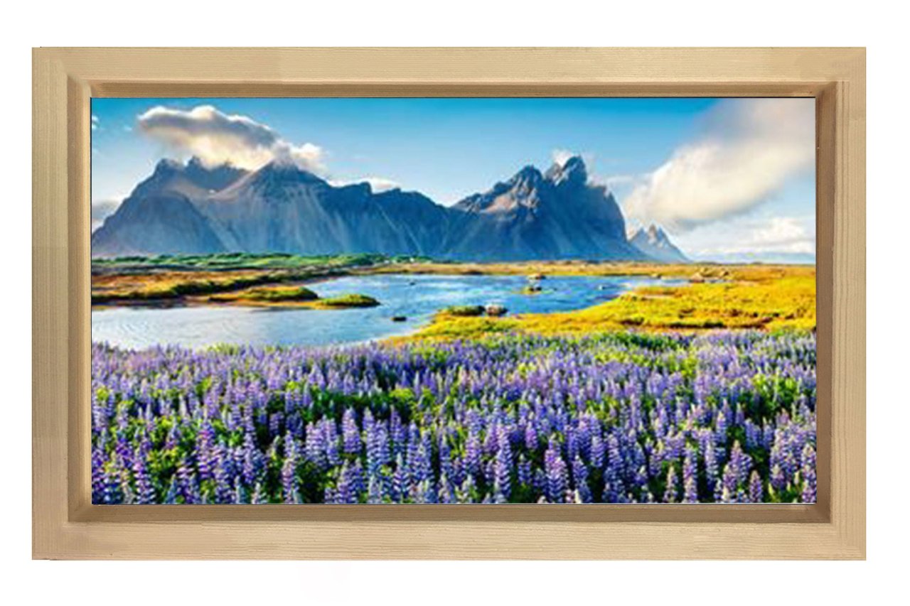 Çiçekli Nehir ve Dağ Manzara Tablosu Naturel Ahşap - 50x70