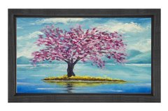 Pembe Çiçekli Ağaç Göl Manzara Tablosu Siyah Ahşap Çerçeve - 100x200