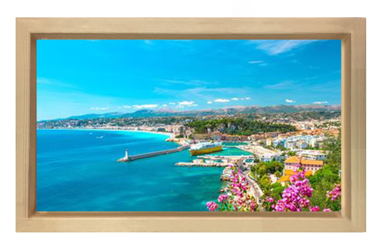 Evler ve Deniz Manzarası Tablosu Naturel Ahşap Çerçeve - 100x200