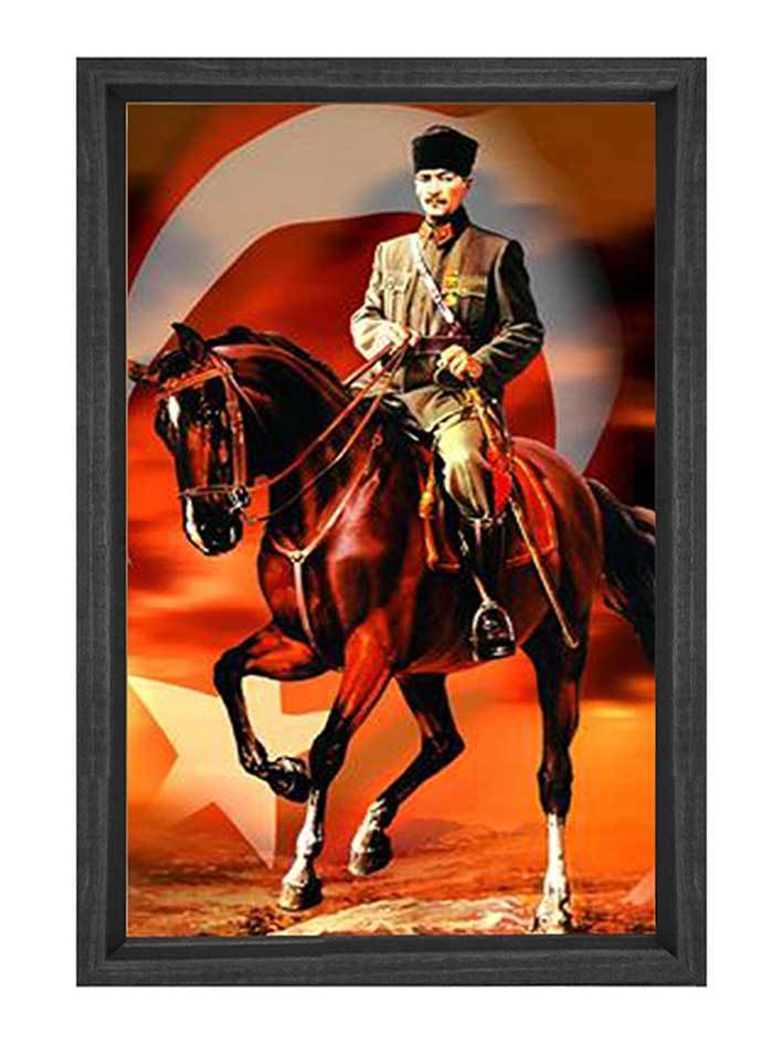 Atatürk Atın Üzerinde Tablosu Siyah Ahşap - 45x30