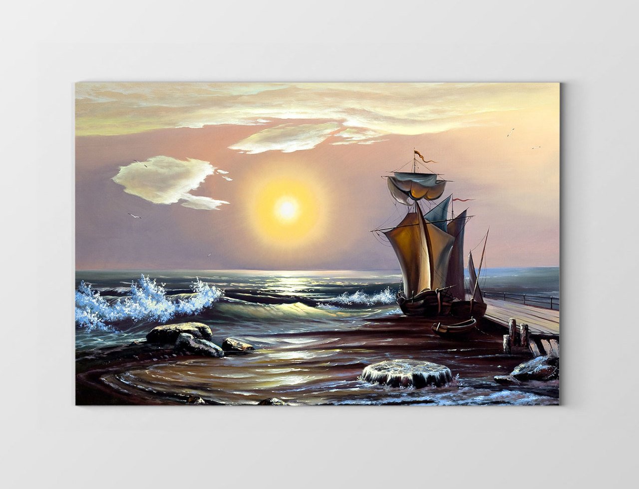 Gündoğumu Gemi Manzarası Tablosu Çerçevesiz - 100x150