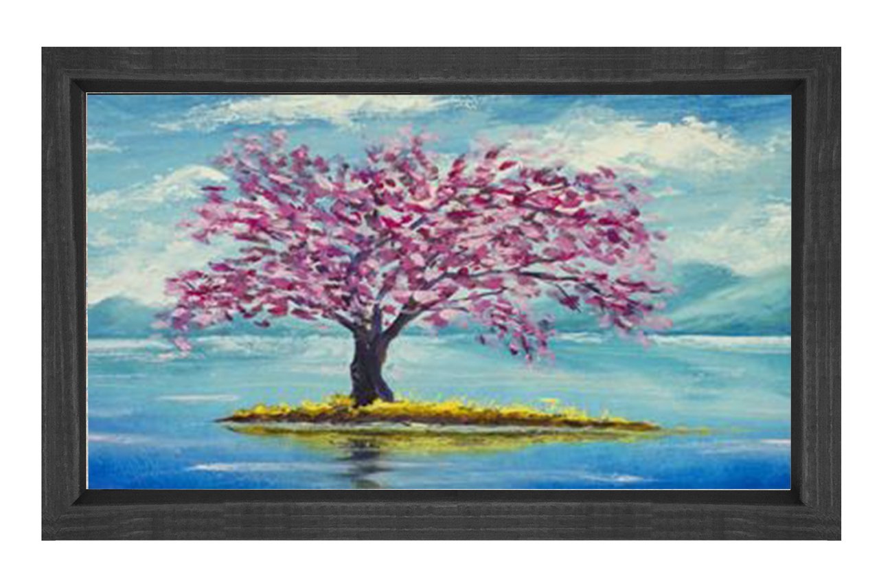 Pembe Çiçekli Ağaç Göl Manzara Tablosu Siyah Ahşap Çerçeve - 45x30