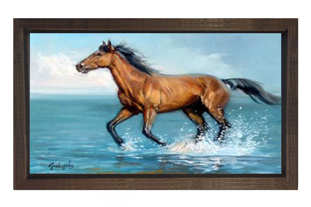 At ve Deniz Tablosu Kahverengi Ahşap Çerçeve - 100x150