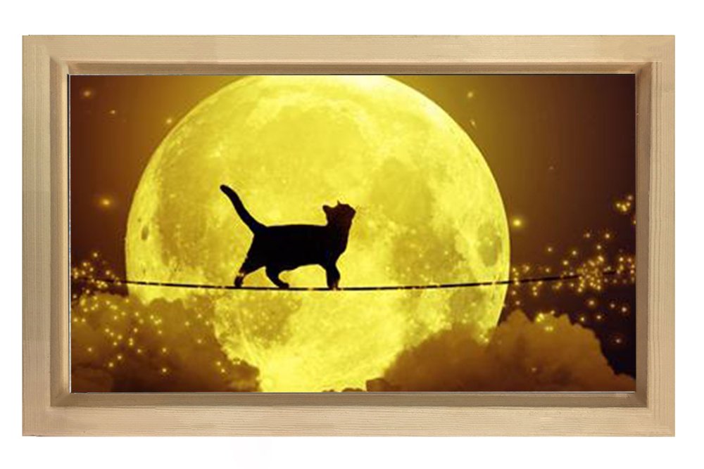 Ay Ve Kedi Tablosu Naturel Ahşap Çerçeve - 40x60